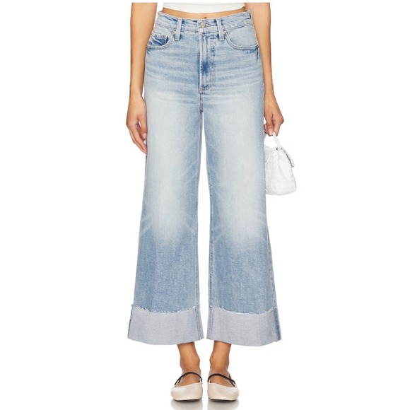 pistola Denim - Pistola Lana Crop Wide Leg Jeans in Snowcat Raw Hem Cuffed Blue Denim Size 31